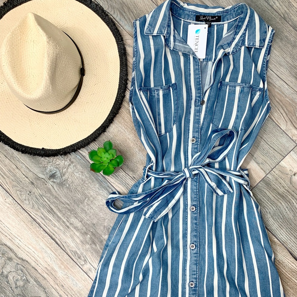 Striped Chambray Dress with Pockets & Tie Waist